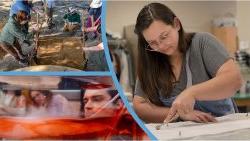 Three-photo collage of a a student working on a costume in a costume-production class; students at an archaeological dig; and a student looking at a water tank.